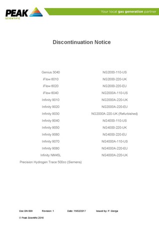 Discontinuation Notice DN009 - G3040, i-FlowLab Infinity 90, NM45L, NG